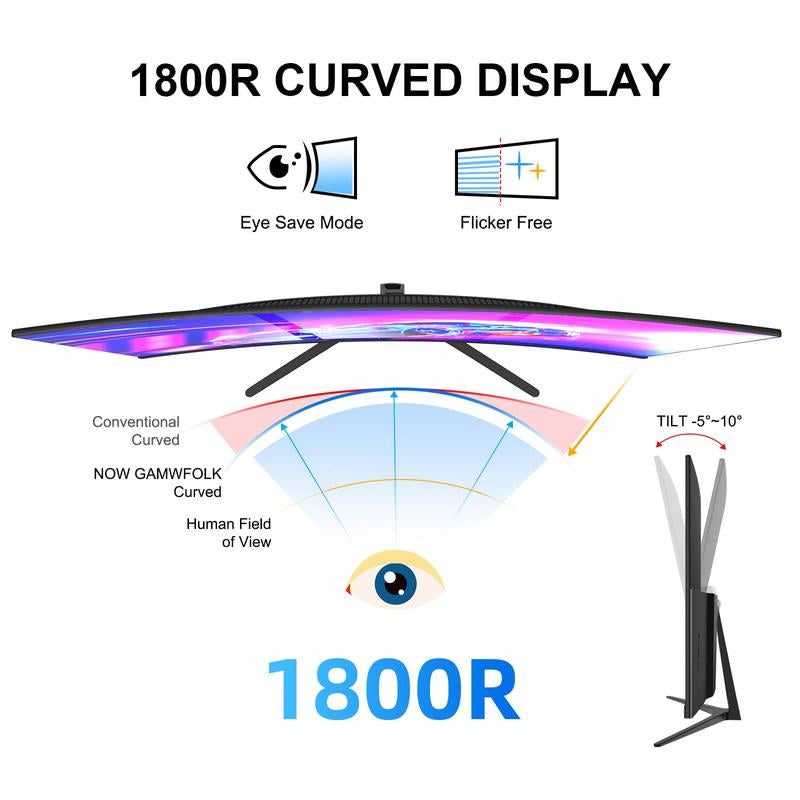 27 Inch QHD 165Hz 1MS Curved 1800R Gaming Computer Monitor,Ips,Anti-Blue Light,110% Srgb, Speaker,For Gaming and Working