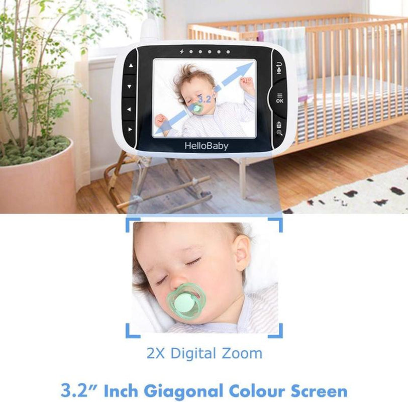 Hellobaby 3.2'' Video Baby Monitor, Remote Pan-Tilt-Zoom Camera, Night Vision, 2-Way Audio, Lullabies & Temp Sensor for Baby Safety