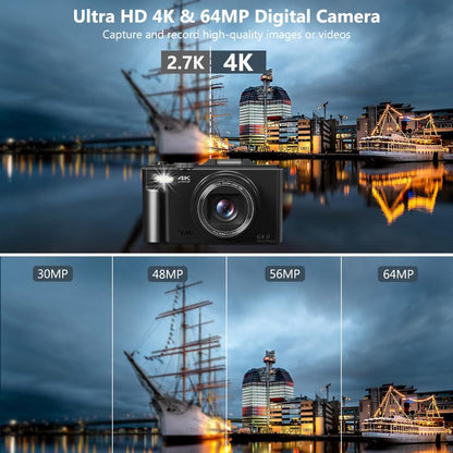 4K Digital Camera for Photography, Auto-Focus 64MP Vlogging Camera for Beginner with 3 Inch 180° Flip Screen, 18X Digital Zoom Point and Shoot Camera with 32GB Micro SD Card & 2 Batteries, Perfect Gifts for Halloween and Thanksgiving