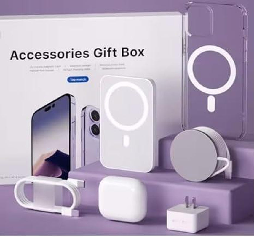 6-Pack Gift Box Includes Bluetooth Earphones, PD Fast Charger with Cable, Magnetic Case, Magnetic Charger, and Wireless Power Bank for Iphone