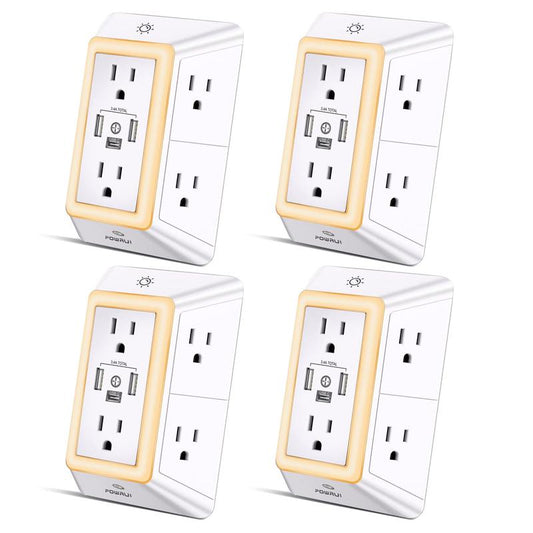 [4-Pack] Free Shipping for POWRUI Multi Plug Outlet Surge Protector - 6 Outlet Extender with 3 USB Ports (1 USB C) and Night Light Function, 3-Sided Power Strip with Adapter Spaced Outlets - White，Etl Listed