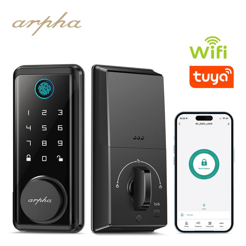 ARPHA D601 Fingerprint Door Lock, Keyless Entry Door Lock Deadbolt, Multiple Entry Methods， APP Control, Auto Lock, IP54 Waterproof, Easy to Install Room Office Home Security