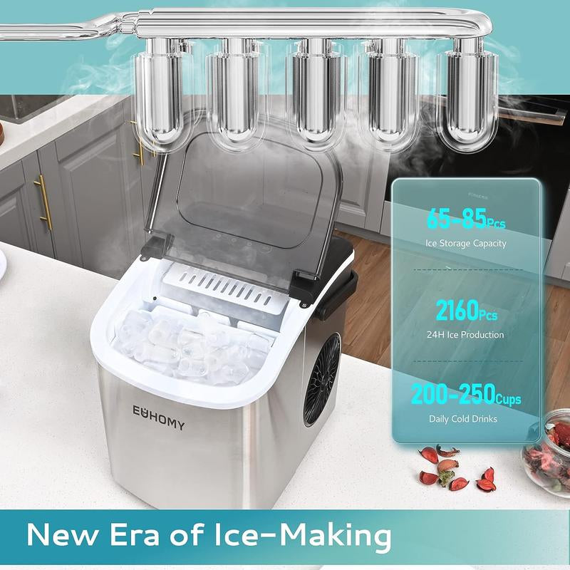 EUHOMY Countertop Ice Maker with Handle, 26Lbs in 24Hrs, 9 Ice Cubes Ready in 6 Mins, Auto-Cleaning Portable Ice Maker with Basket and Scoop, for Home/Kitchen/Camping/Rv. (2024 New Silver)