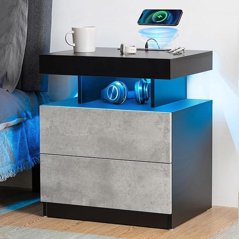 LED Nightstand with Wireless Charging Station 2 Outlets USB Port Type C Black Bedside Table with 3 Drawers Modern Smart LED Nightstand Tall 26.8In High Gloss Night Table with Light for Bedroom