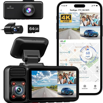 REDTIGER F7N 4K Dual Dash Cam with 64GB Card, Built-In Wifi GPS Front 4K/2.5K and Rear 1080P Dual Dash Camera for Cars,3.18 Inch Screen,170° Wide Angle, Parking Monitor, Support 256GB Max