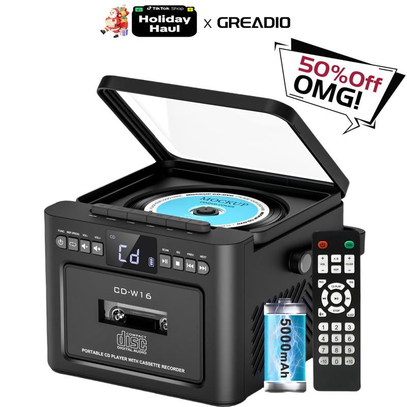 Greadio 9-In-1 Rechargeable CD Boombox with Cassette, Bluetooth, FM Radio, USB/TF/AUX, 5000Mah Battery, Remote Control, for Home & Outdoor Use Audio